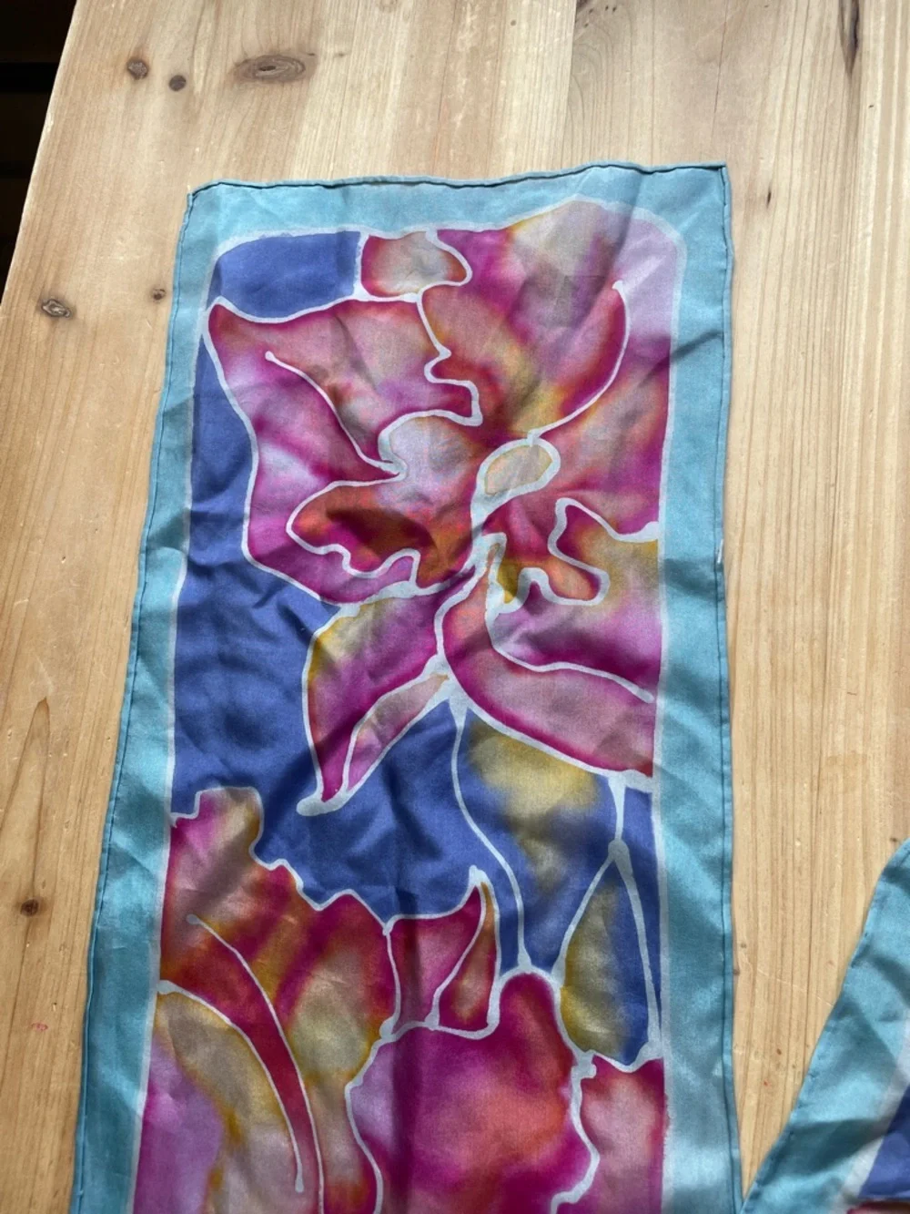 Hand Painted Floral Silk Scarf in Blue, Pink & Purple
